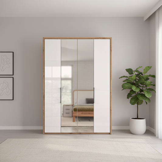 White Oak Wiemann Saka wardrobe with mirrored centre doors