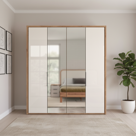 White Oak Wiemann Saka wardrobe with mirrored centre panels