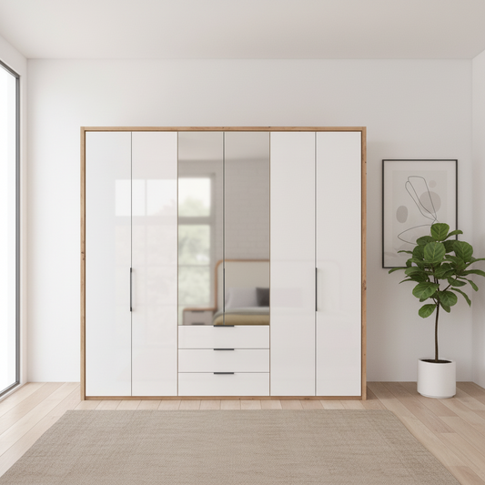 White Oak Wiemann Saka wardrobe with mirrored centre doors and drawer storage