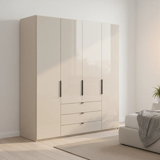 Amara 200cm 4 Door Bifold Combi Wardrobe with Glass Doors and Drawers in Champagne - Styled in a Bedroom