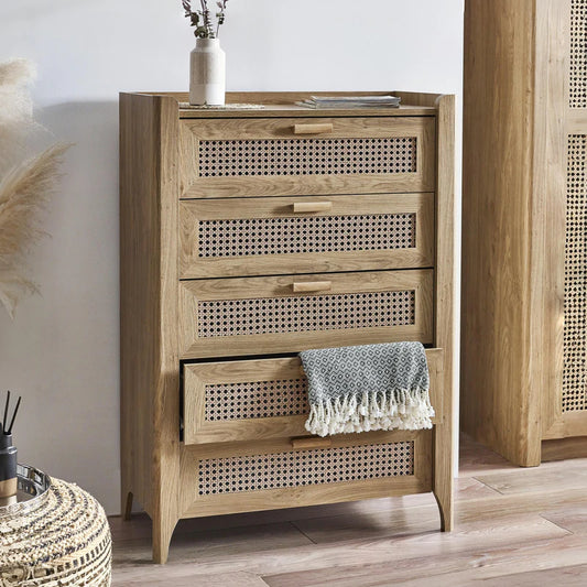 Sydney Oak 5 Drawer Chest - Styled in a Bedroom