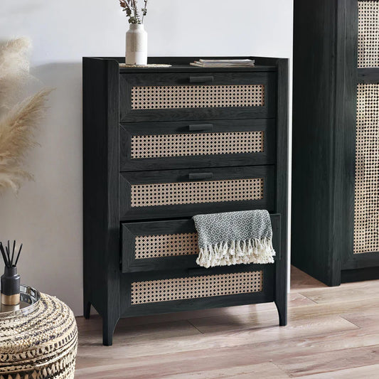 Sydney Black 5 Drawer Chest - Styled in a Bedroom