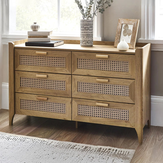 Sydney Oak 6 Drawer Wide Chest - Styled in a Bedroom