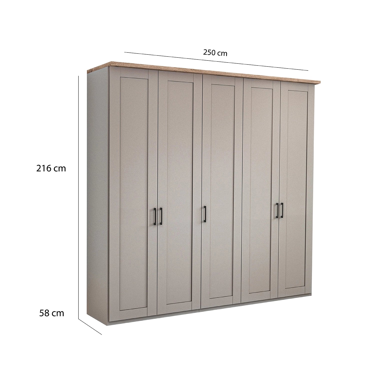 Wiemann Adeline 5 Door Hinged Wardrobe - W250cm in Pebble Grey - Dimensions