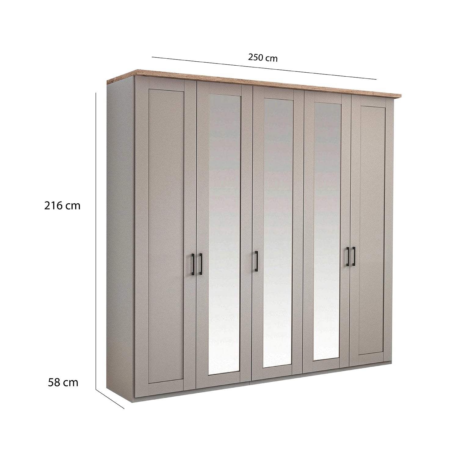 Wiemann Adeline 5 Door Hinged Wardrobe - W250cm With Mirror in Pebble Grey - Dimensions
