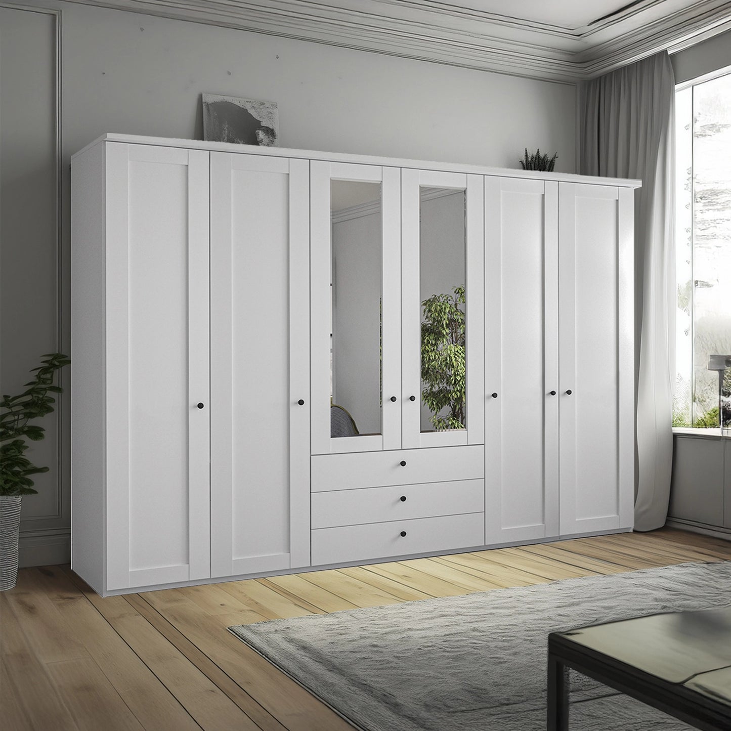 Wiemann Adeline 6 Door 3 Drawer Wardrobe - W300cm With Mirror in White - Styled in Bedroom