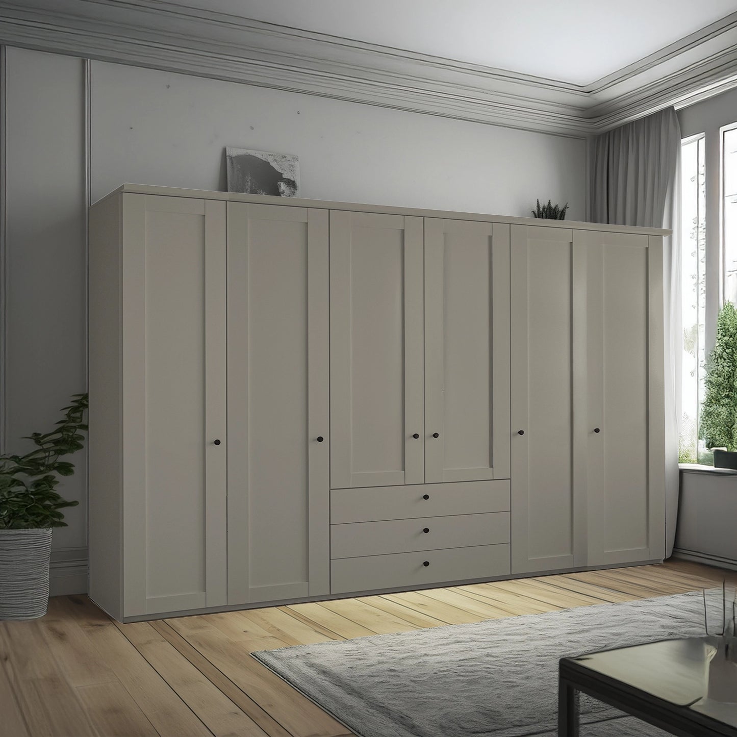 Wiemann Adeline 6 Door 3 Drawer Wardrobe - W300cm in Pebble Grey - Styled in Bedroom