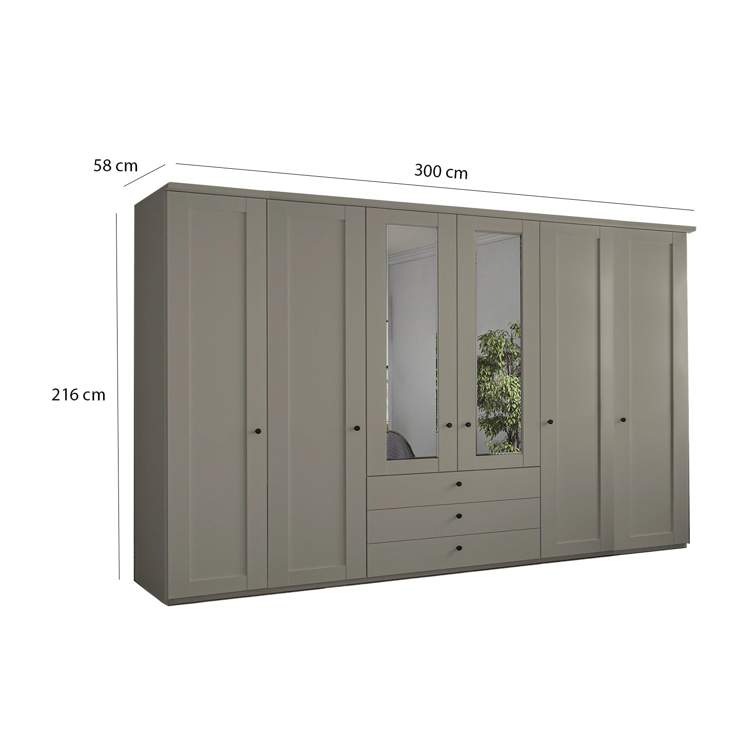 Wiemann Adeline 6 Door 3 Drawer Wardrobe - W300cm With Mirror in Pebble Grey - Styled in Bedroom - Dimensions