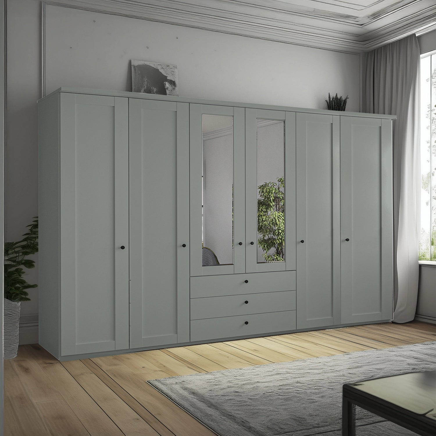 Wiemann Adeline 6 Door 3 Drawer Wardrobe - W300cm With Mirror in Sage Green - Styled in Bedroom