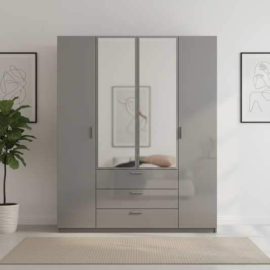 Amelia 200cm 4 Door Bifold Combi Wardrobe with 2 Mirror Doors, 2 Glass Doors and 3 Glass Drawers