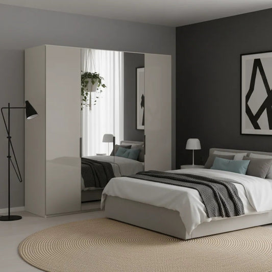 Amelia 200cm 4 Door Bifold Wardrobe with 2 Glass Doors and 2 Mirror Doors - Champagne Styled in a Bedroom