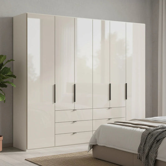 Amelia 250cm 6 Door Bifold Combi Wardrobe with Glass Doors and Drawers - Champagne Styled in a Bedroom