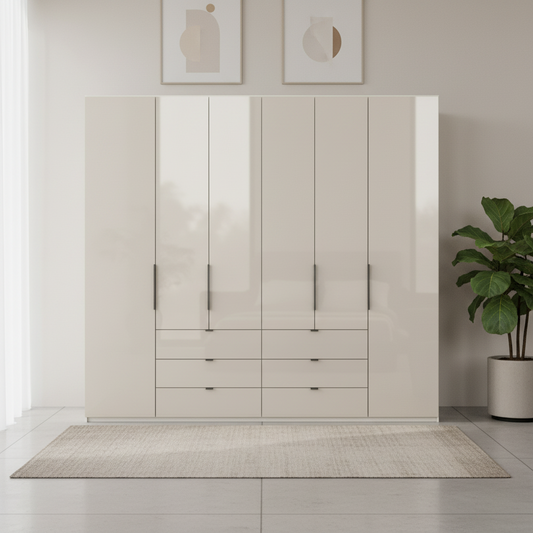 Amelia 300cm 6 Door Combi Wardrobe with Glass Doors and Drawers