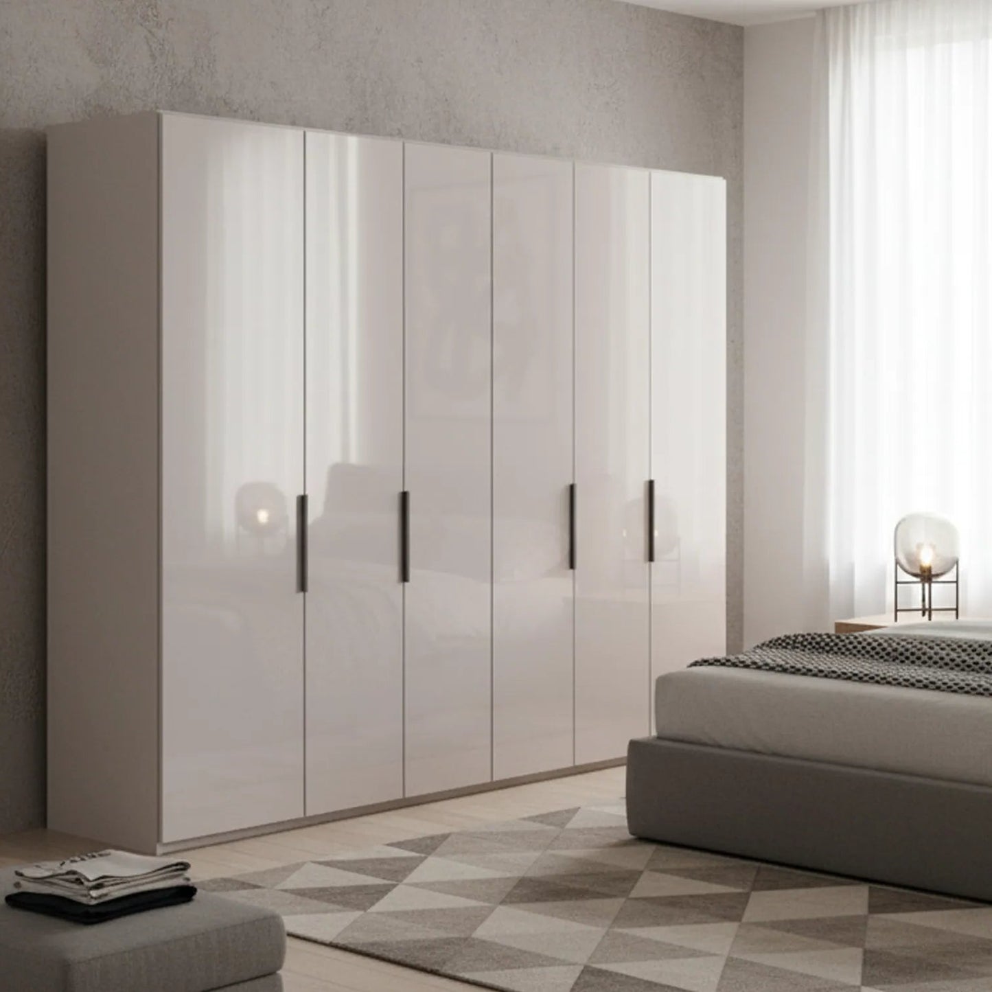 Amelia 300cm 6 Door Hinged Wardrobe with Glass Doors in Pebble Grey - Styled in a Bedroom