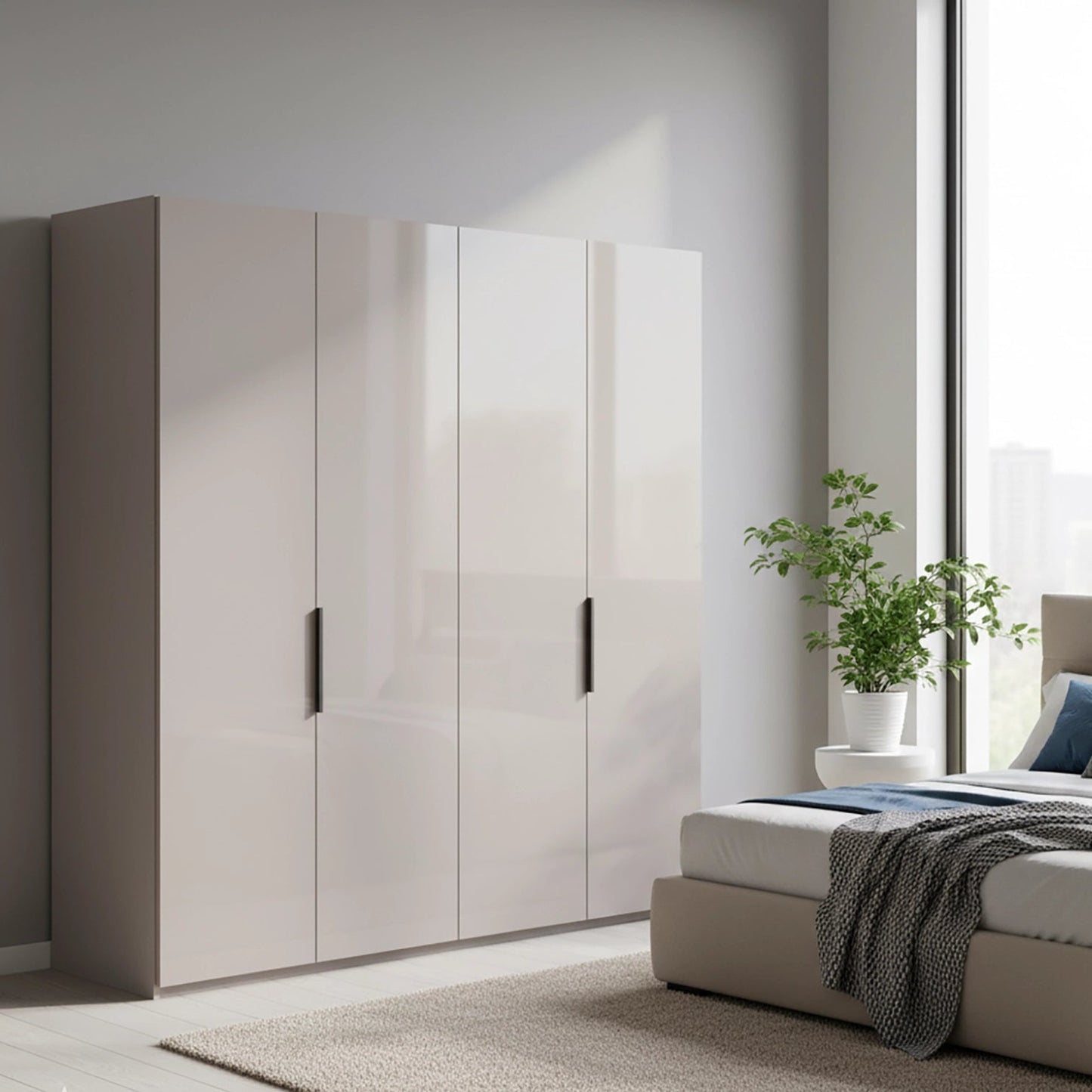 Amelia 200cm 4 Door Hinged Wardrobe with Glass Doors - Pebble Grey Styled in a Bedroom