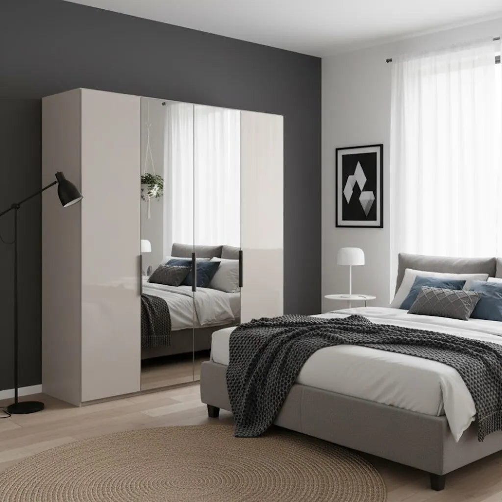 Amelia 200cm 4 Door Bifold Wardrobe with 2 Glass Doors and 2 Mirror Doors - Pebble Grey