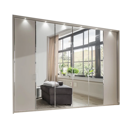 Apollo Pebble Grey and Mirror Large 6 Door Wardrobe - 300cm