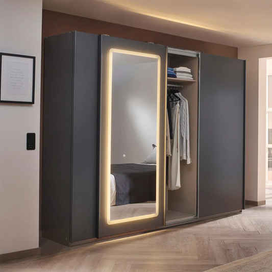 Arezzo Graphite 3 Door Sliding Wardrobe With Integrated LED Lighting - Styled in a Bedroom
