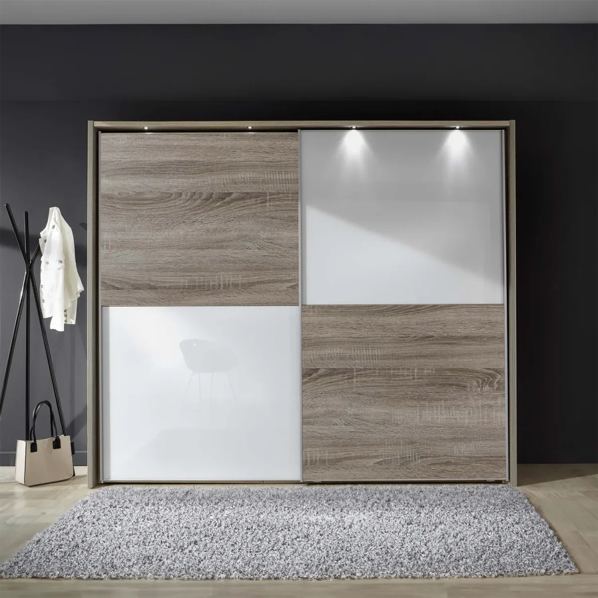 Wiemann Bristol Oak and White Glass Sliding Door Wardrobe