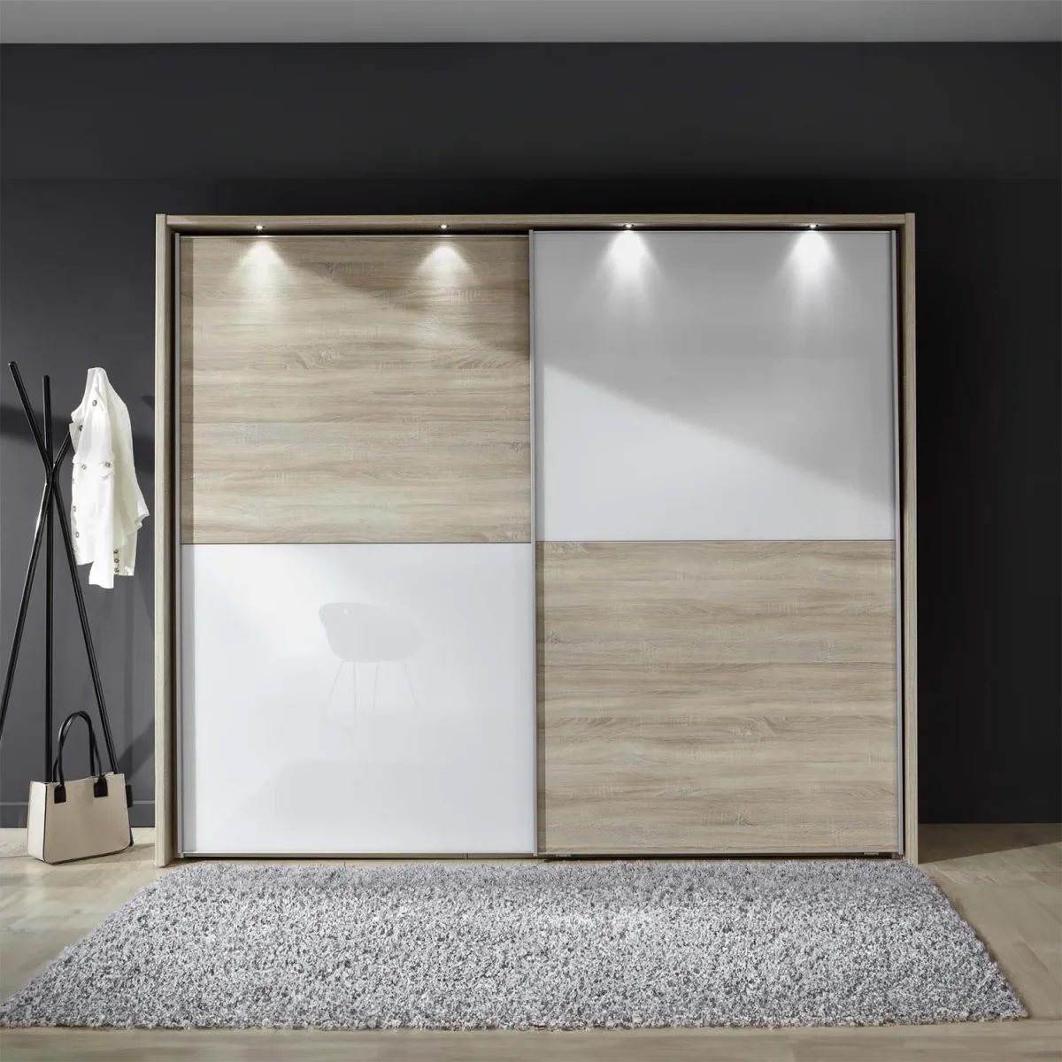Lifestyle Image of Wiemann Bristol Oak and White Glass Sliding Door Wardrobe