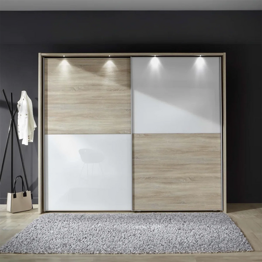 Lifestyle Image of Wiemann Bristol Oak and White Glass Sliding Door Wardrobe