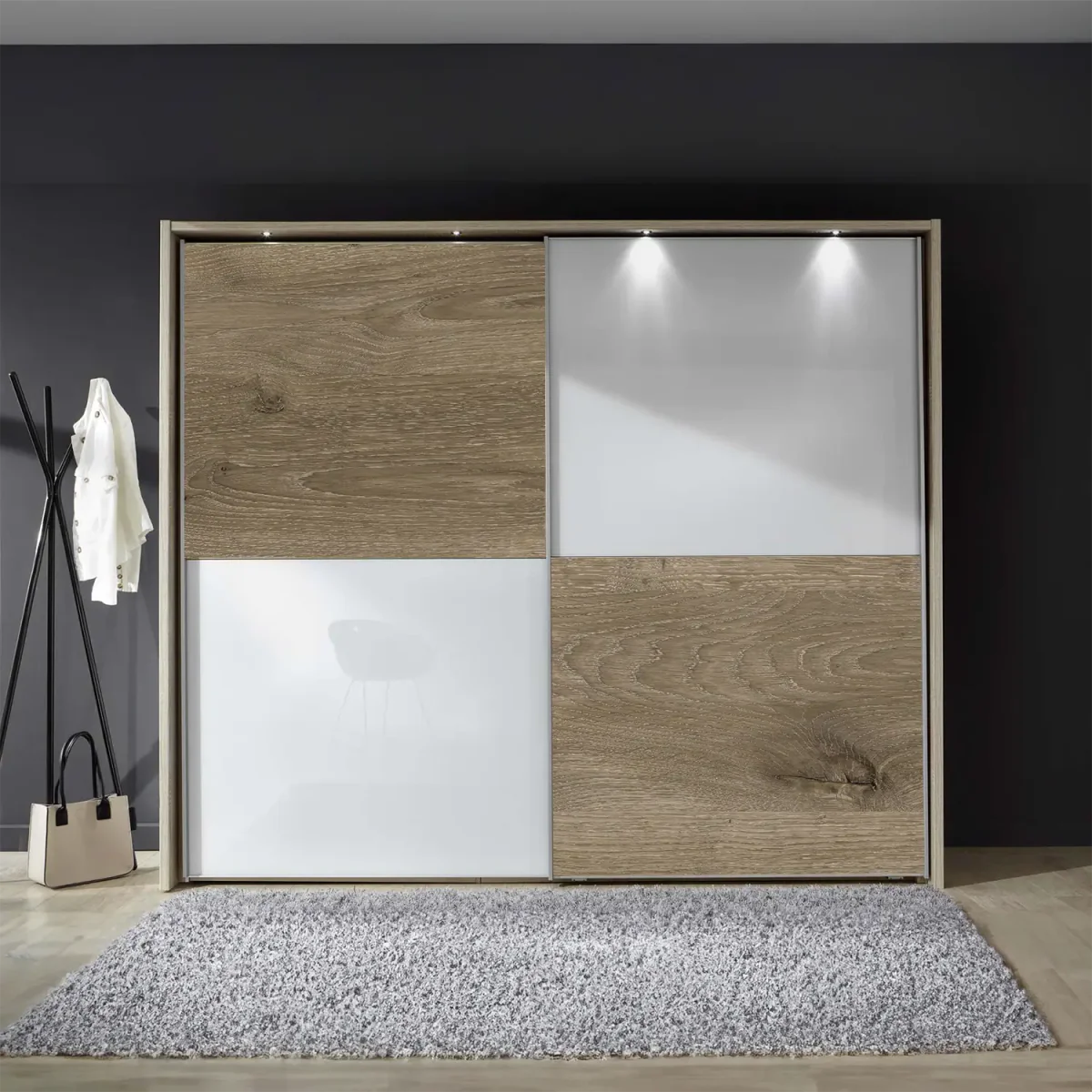 Wiemann Bristol Oak and White Glass Sliding Door Wardrobe