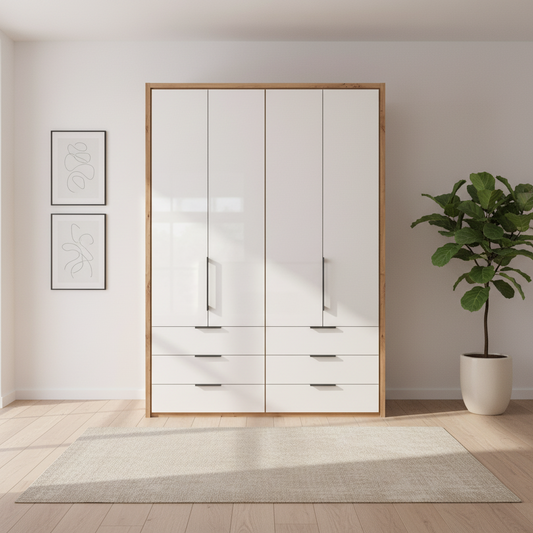 Saka combi wardrobe with glass drawers and bi-fold doors
