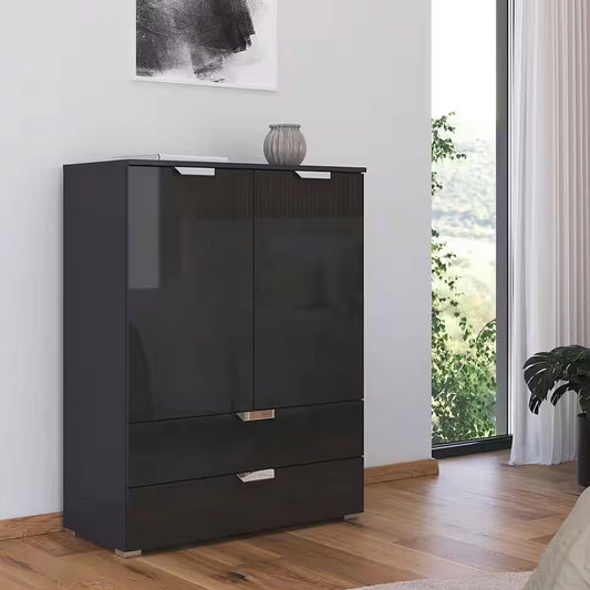 Rauch Glamour Chest of Tall 2 Door & 2 Drawer Grey High Gloss Effect - Styled in a Bedroom