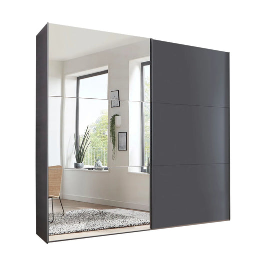 Modern Corfu wardrobe with sliding doors in Graphite and Mirror in a room with a window view