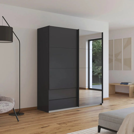 Elon Metallic Grey 181cm Sliding 2 Door Wardrobe with Drawers & Grey Mirror - Styled in a Bedroom