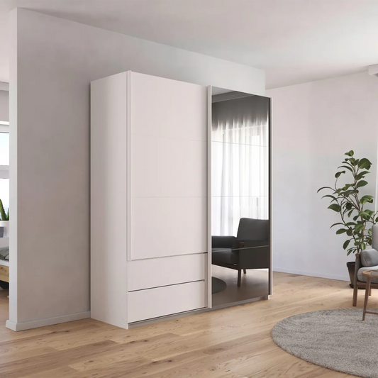 Elon 181cm White Sliding 2 Door Wardrobe with Drawers & Grey Mirror - Styled in a Bedroom