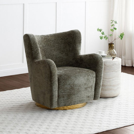 Flora Olive Chenille Swivel Accent Chair with Gold Base - Pendle Village Furniture