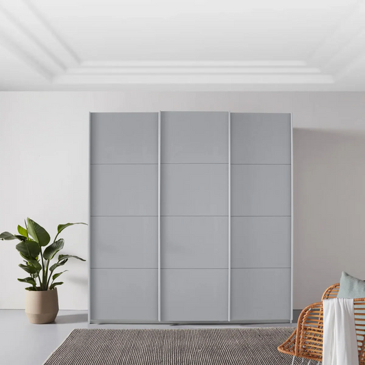 Forms Decor Silk Grey 3 Door Sliding Wardrobe - Styled in a Bedroom