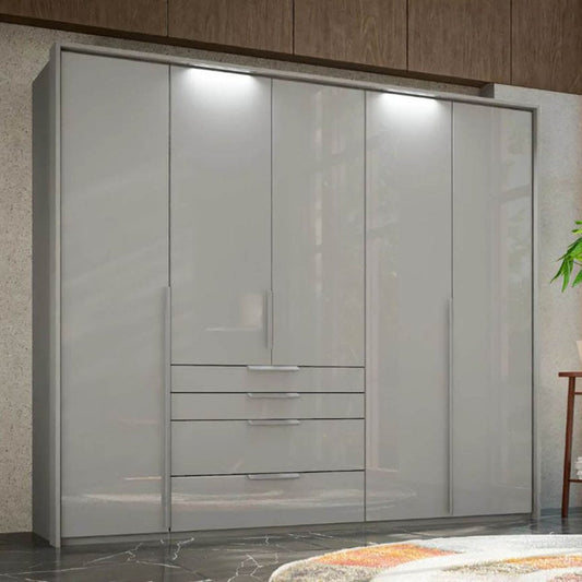 Rauch Frans 251cm Silk Grey Glass 5 door wardrobe with exterior drawers, and PPT Light Frame