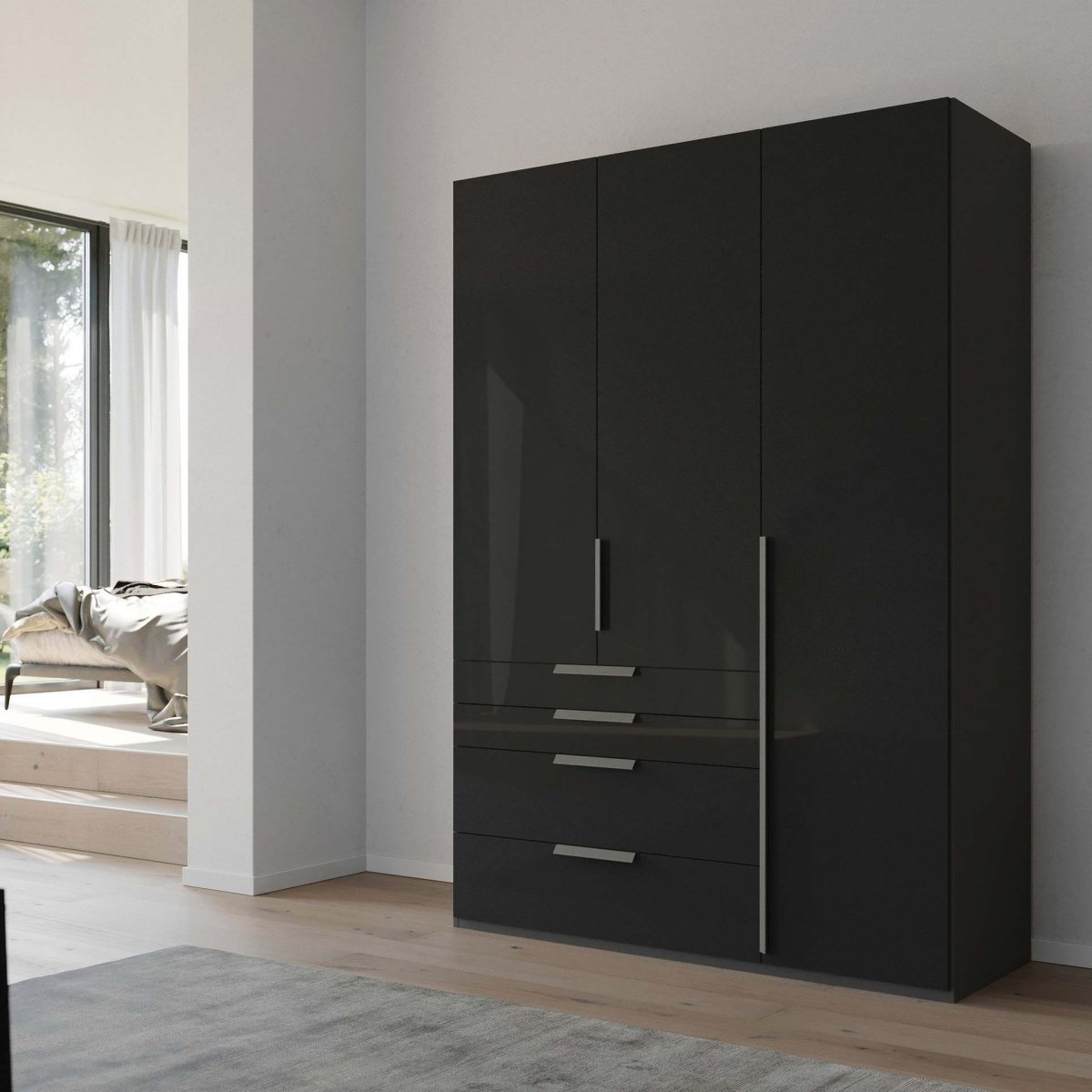 Frans 151cm Glass 3 Door Wardrobe With Drawers in Basalt Glass - Styled in a Bedroom