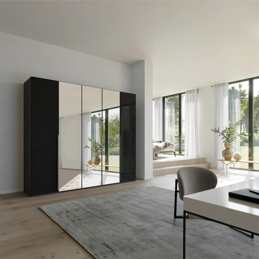 Rauch Frans 250cm Basalt Glass 5 door wardrobe with Mirror, premium interior, Long Door Handles, free assembly and 10-year guarantee.