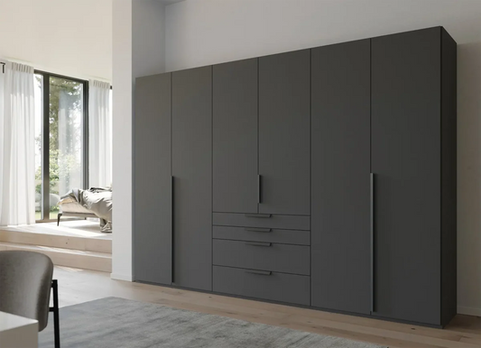 Frans 300cm Decor 6 Door Wardrobe With Drawers in Graphite - Styled in a Living Room