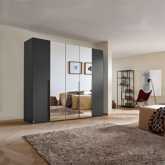 Rauch Frans 250cm Graphite 5 Door Hinged Wardrobe with Mirror, Premium Interior and Long Door Handles