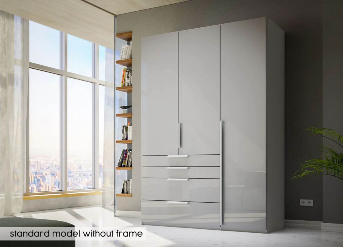 Frans 151cm Glass 3 Door Wardrobe With Drawers in Silk Grey - Styled in a Living Room