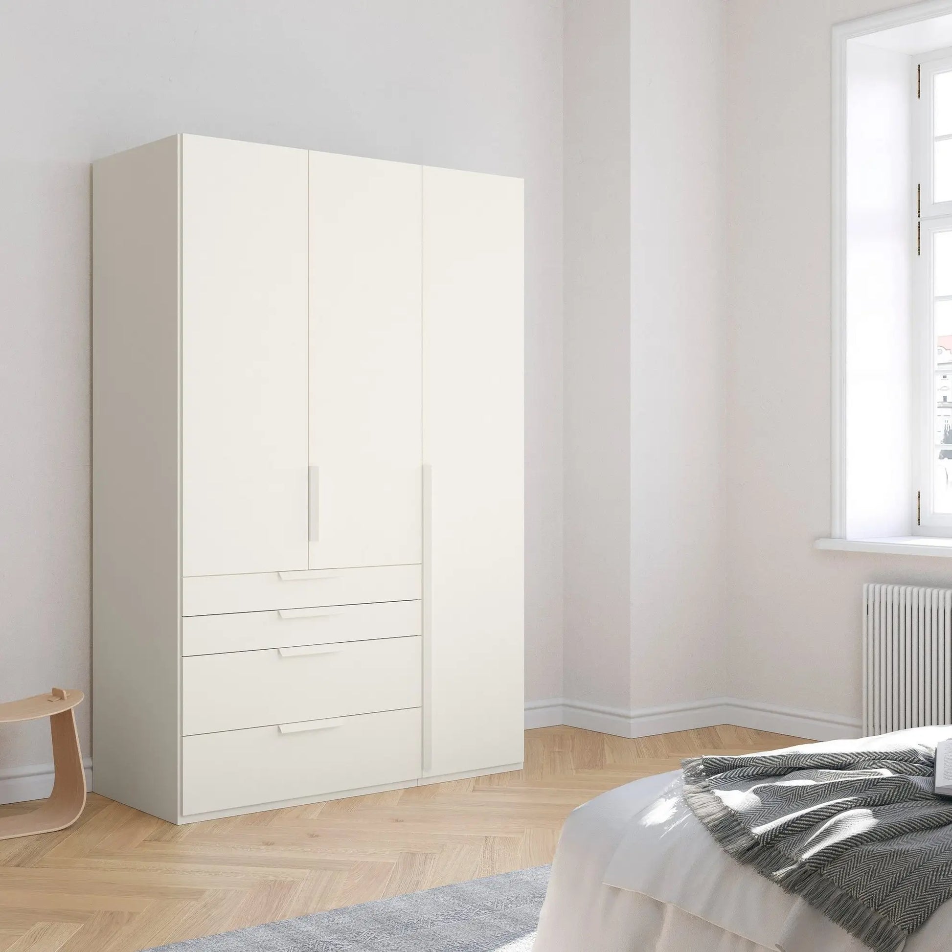 Frans 151cm Decor 3 Door Wardrobe With Drawers in White - Styled in a Bedroom