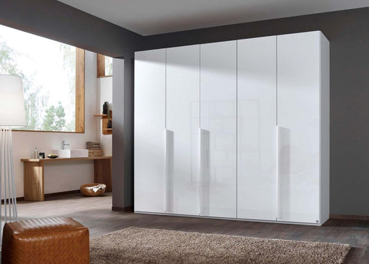 Frans 250cm 5 Door Wardrobe in White Glass - Styled in a Bedroom