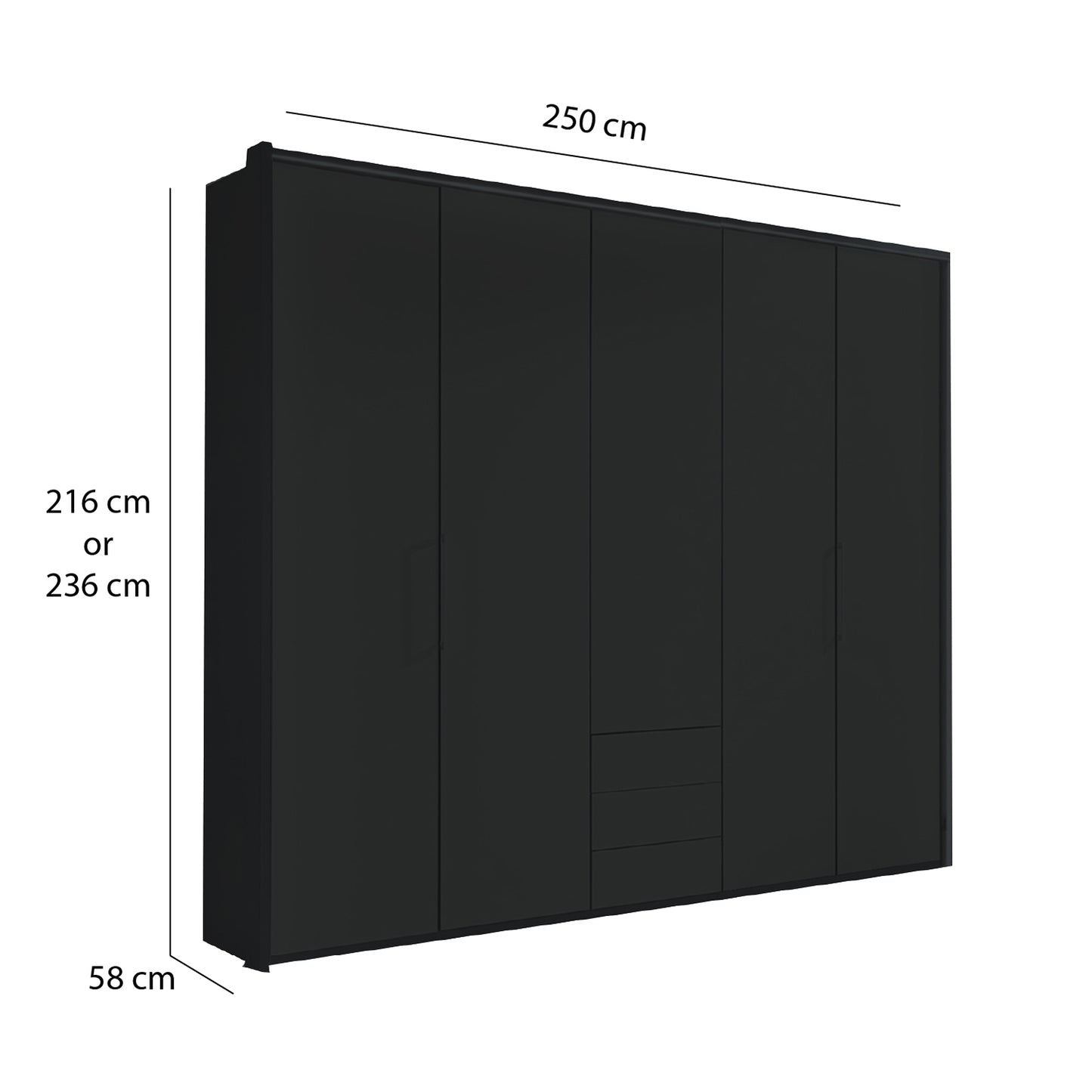 Halver Graphite 5 Door Wardrobe with Drawers (W250cm) - Dimensions