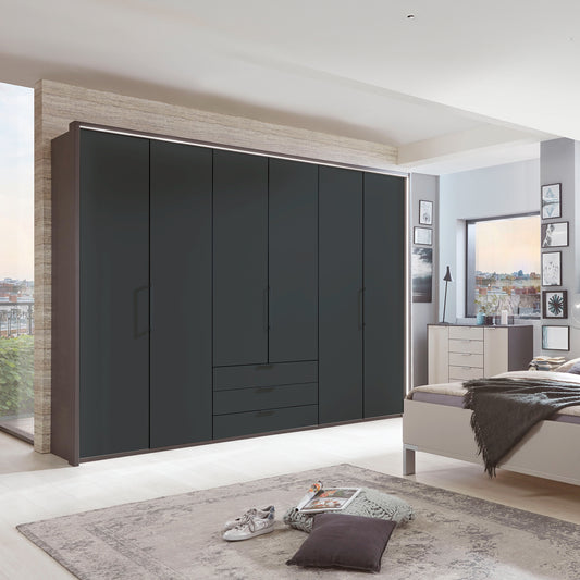 Halver Graphite 6 Door Wardrobe with Drawers (W300cm) - Styled in Bedroom