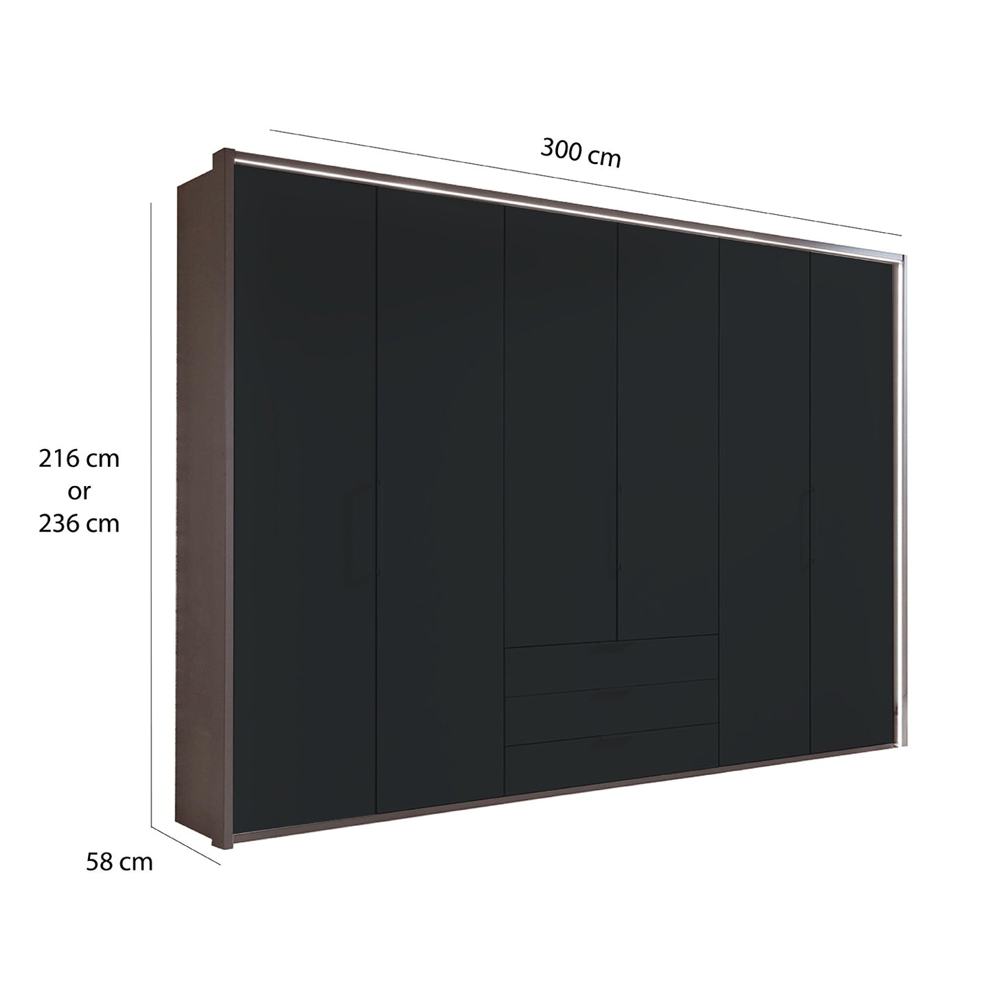 Halver Graphite 6 Door Wardrobe with Drawers (W300cm) - Dimensions