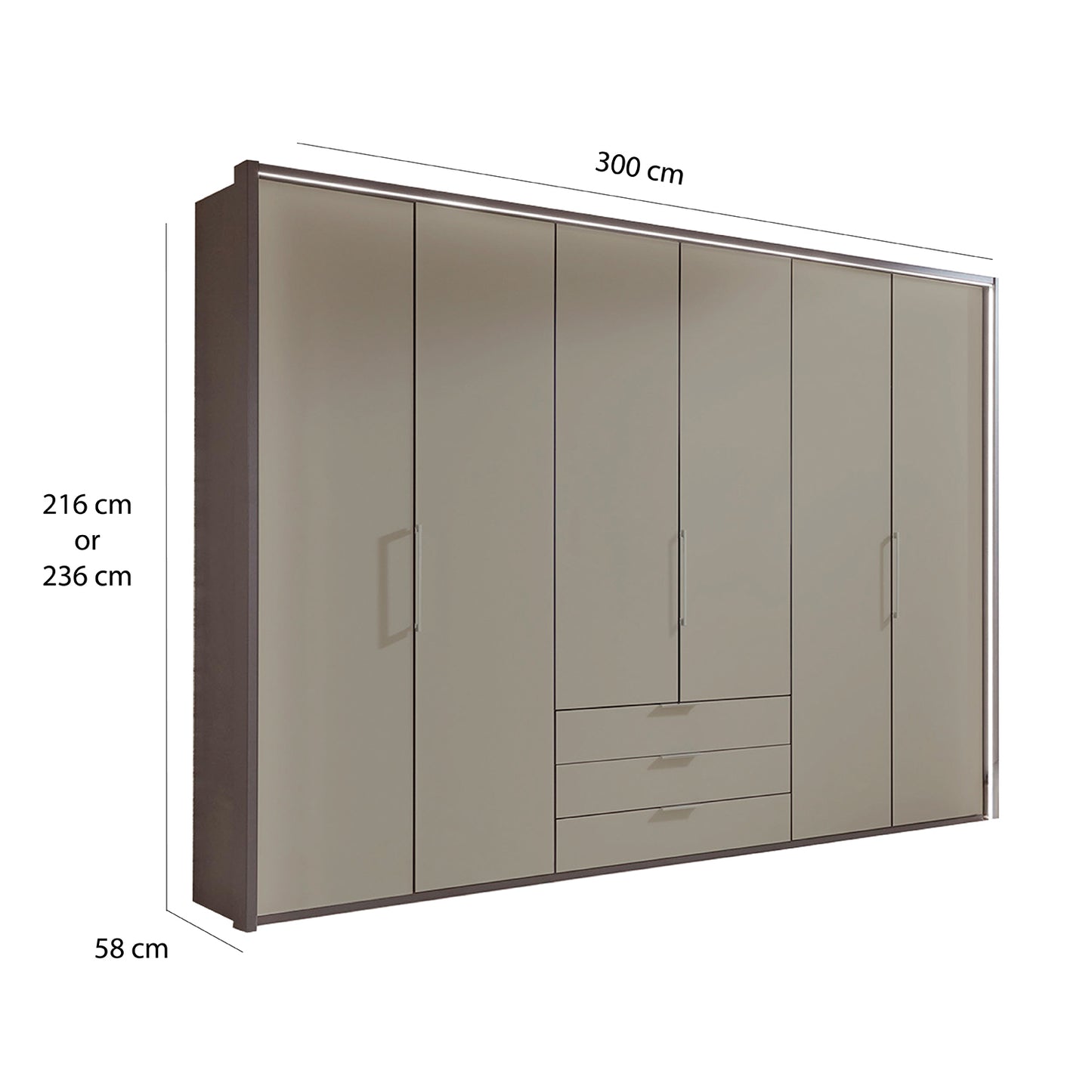 Halver Pebble Grey 6 Door Wardrobe with Drawers (W300cm) - Dimensions