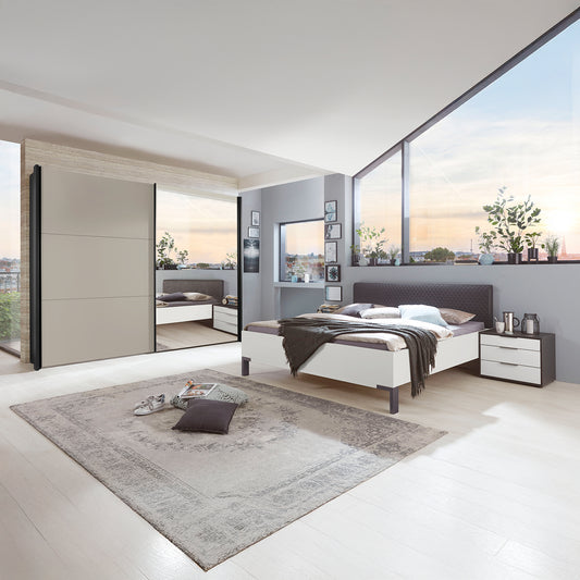 Modern bedroom with a Halver Bedroom Furniture range showing Wardrobe with Mirror, bed, and Beside table