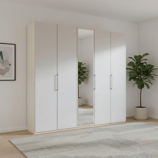 White wardrobe with a mirror in a room with plants and a rug.