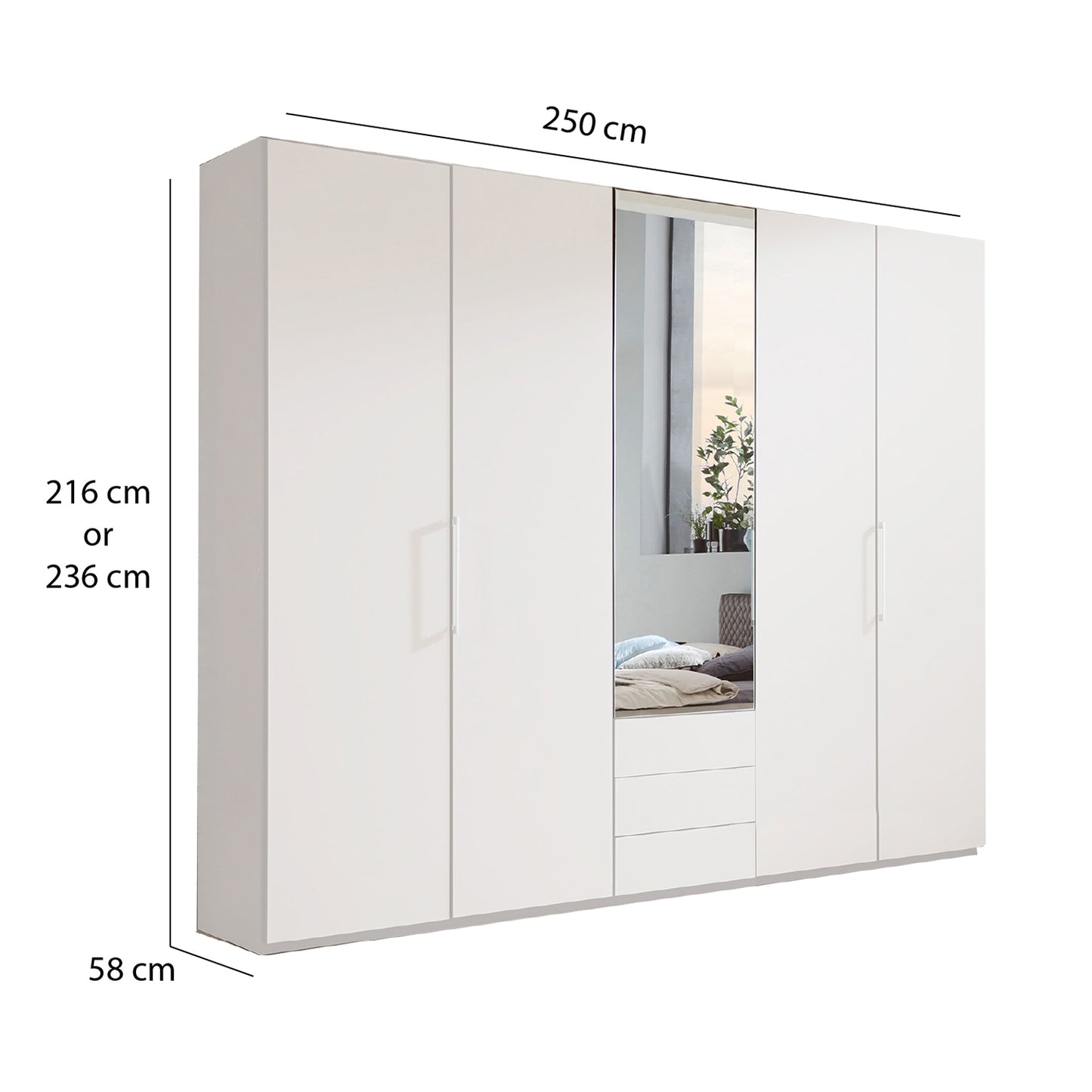Halver White 5 Door Wardrobe with Drawers (W250cm) - Dimensions with Mirror Wardrobe