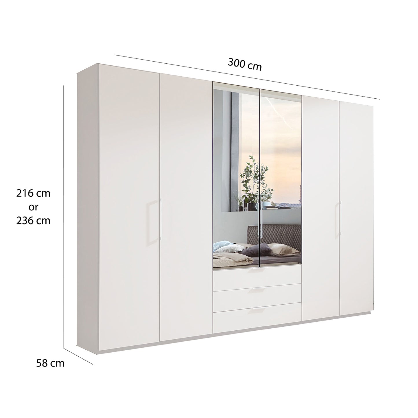 Halver White 6 Door Wardrobe with Drawers (W300cm) With Mirror - Dimensions
