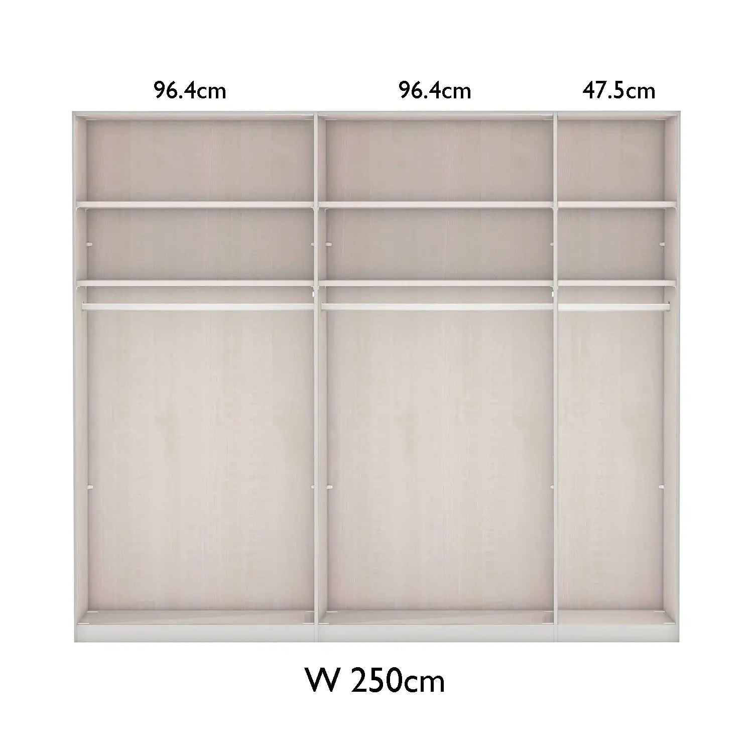 Wiemann 250cm Closet with sliding doors and dimensions labeled on a white background